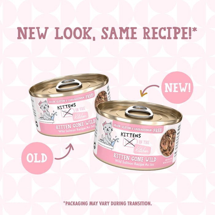 Two cans of Cats in the Kitchen Kitten Gone Wild food are shown, labeled OLD and NEW. The new can features updated packaging highlighting wild-caught salmon. Above, text on a pink pattern reads "New look, same recipe!.