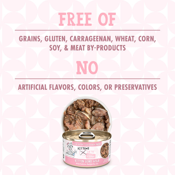 A graphic with pink text spotlights Cats in the Kitchen’s Kitten Gone Wild, a protein-rich kitten food made with wild-caught salmon and free from grains, gluten, carrageenan, wheat, corn, soy, by-products, or artificial flavors/preservatives. An open can is shown.