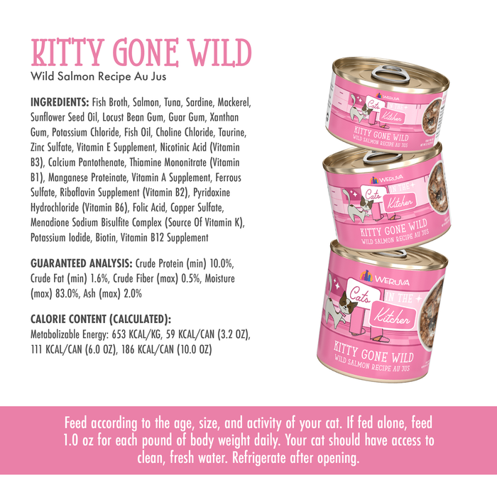 Three cans of Cats in the Kitchen Kitty Gone Wild seafood cat food with pink labels are shown. This high-protein recipe features wild-caught salmon. The white background displays ingredients, nutrition facts, feeding, and storage guidelines.