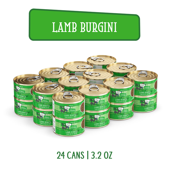 A group of green and gold cans of Cats in the Kitchen Lamb Burger-ini, featuring high protein recipes made with grass-fed lamb.