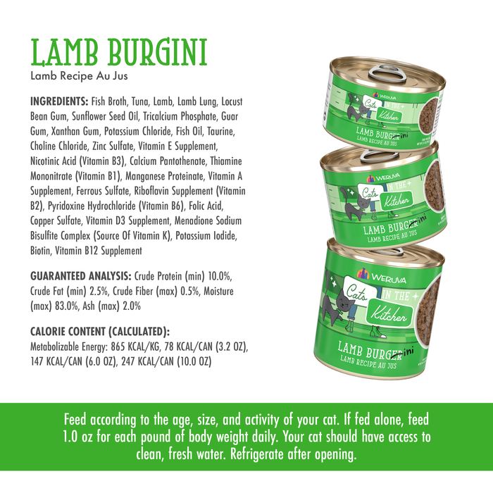 Three cans of Cats in the Kitchen Lamb Burger-ini cat food are shown, highlighting grass-fed lamb for high-protein nutrition. Product details, ingredients, and feeding instructions appear on a white and green background.