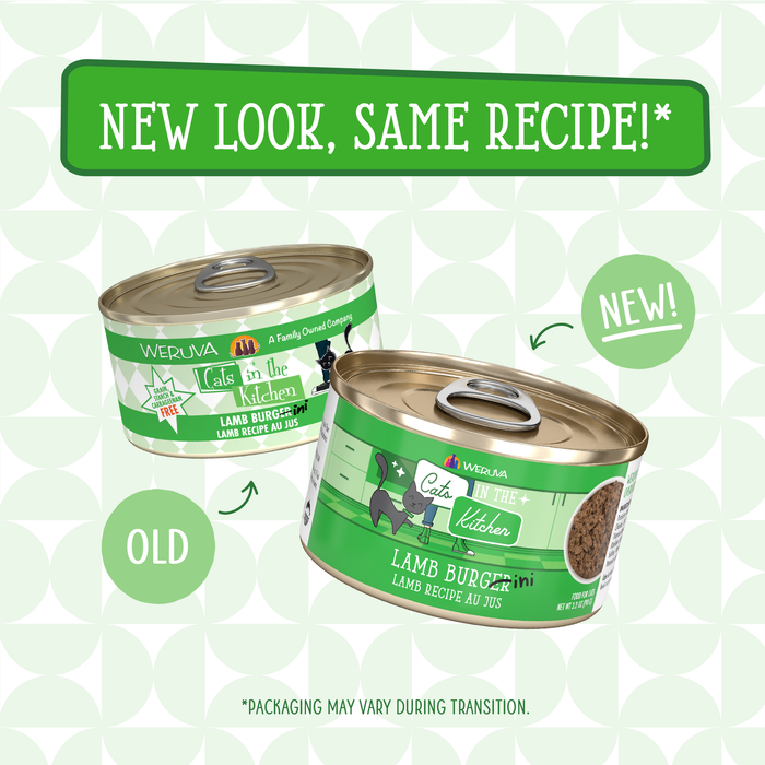 Two Cats in the Kitchen Lamb Burger-ini cans are shown: old packaging on the left, new design on the right. Text above says NEW LOOK, SAME RECIPE! Features grass-fed lamb for a high-protein meal; packaging has changed.