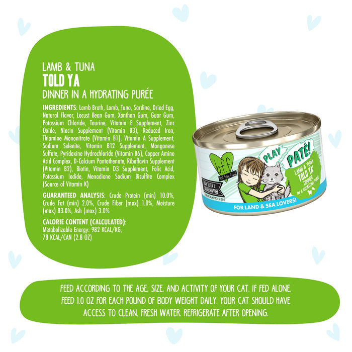 A can of BFF Best Feline Friend Lamb & Tuna Told Ya' cat food is shown, featuring a cartoon cat and detailed info—ingredients, guaranteed analysis, and feeding instructions—on a white and green grain-free label.