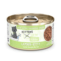 A can of Cats in the Kitchen Lambur-kitty kitten food, featuring a grass-fed lamb au jus recipe, is grain, gluten & carrageenan free and has a gray kitten illustration plus a food photo on the label.