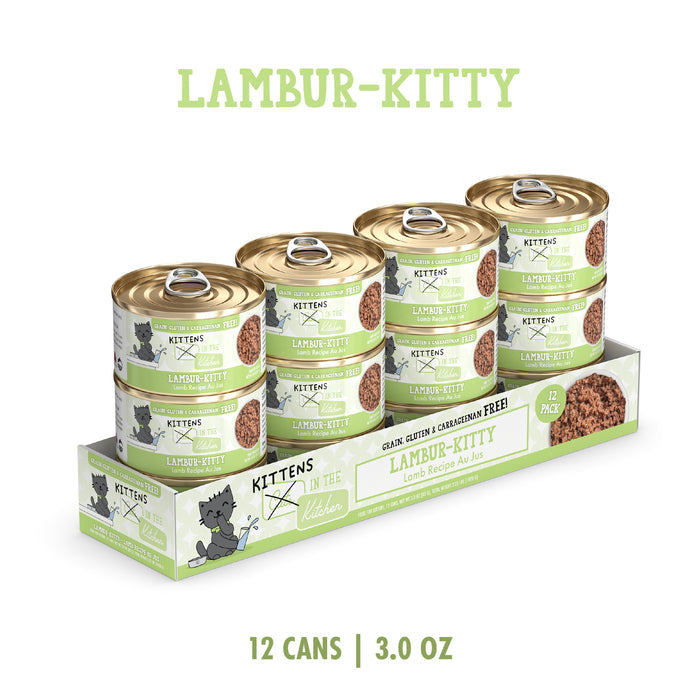 A 12-pack of Lambur-kitty by Cats in the Kitchen, each can labeled grass-fed lamb recipe in au jus. Packaging shows a cartoon cat chef and notes grain-free, carrageenan-free ingredients and added fish oil.