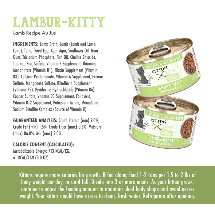 A can of Cats in the Kitchen Lambur-Kitty kitten food is shown with ingredient details, guaranteed analysis, and feeding guidelines for kittens displayed beneath the cans on a white and green background.