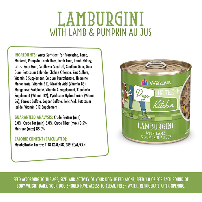 A can of Dogs in the Kitchen Lamburgini dog food, featuring grass-fed lamb and pumpkin au jus, is shown on the right. Protein-rich ingredients, guaranteed analysis, and feeding instructions appear on the left in green and white text.
