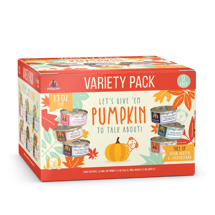 Weruva’s Let’s Give 'Em Pumpkin To Talk About! variety pack includes 12 cans (5.5 oz each) of high fiber, boneless chicken dog food. The orange box features pumpkins, dogs, and product images on the packaging.