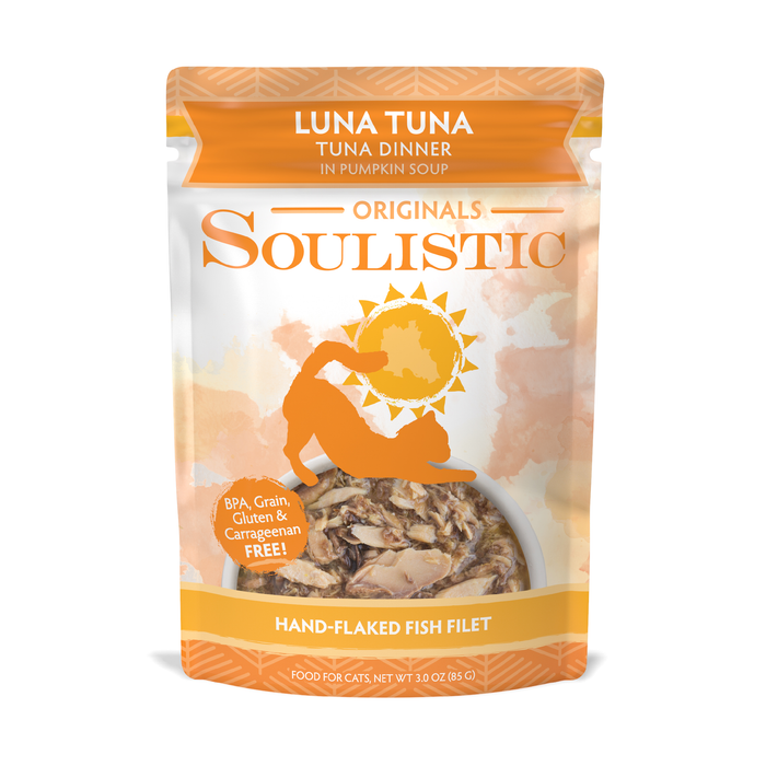 Soulistic Luna Tuna is a wild-caught tuna cat food labeled Tuna Dinner in Pumpkin Soup. Features a cat and sun design plus fish fillet image. High-protein recipe; free of BPA, grain, gluten, and carrageenan.