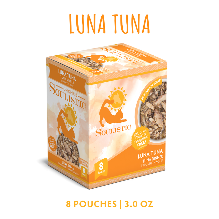 A Soulistic Luna Tuna cat food box with an orange design, food images, and text showing 8 pouches of wild-caught tuna in pumpkin soup for cats, each pouch containing 3.0 oz.