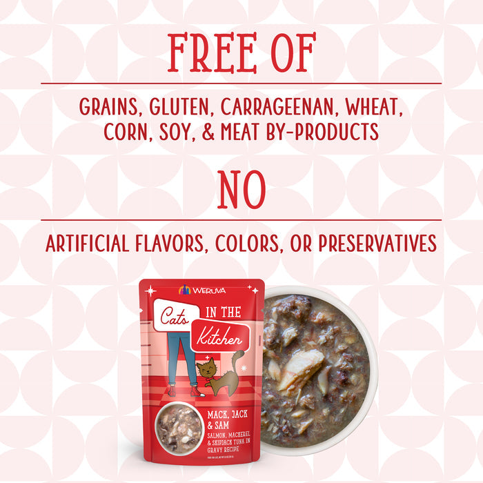 A Cats in the Kitchen Mack, Jack and Sam cat food packet and bowl are shown. Text notes it’s free from grains, gluten, carrageenan, wheat, corn, soy, meat by-products, artificial flavors, colors, and preservatives.