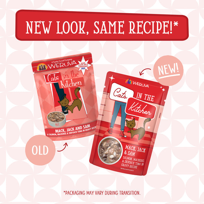 Two packets of Cats in the Kitchen Mack, Jack and Sam cat food are shown: one with old packaging and one with a new look. Both red designs feature a cartoon cat and highlight the mackerel and skipjack tuna flavor.