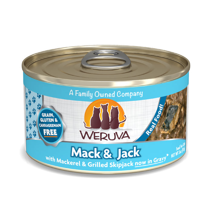 A can of Weruva Mack & Jack cat food with mackerel and wild-caught tuna in gravy. The label states “Grain, Gluten & Carrageenan Free” and displays three cat silhouettes on a blue and tan background.