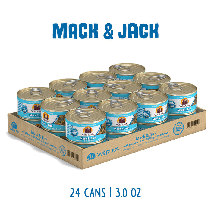 A cardboard tray holds 24 cans of Weruva Mack & Jack cat food (3 oz each) with blue labels, arranged in four rows. This premium recipe features mackerel and wild-caught tuna for your cat's delight.