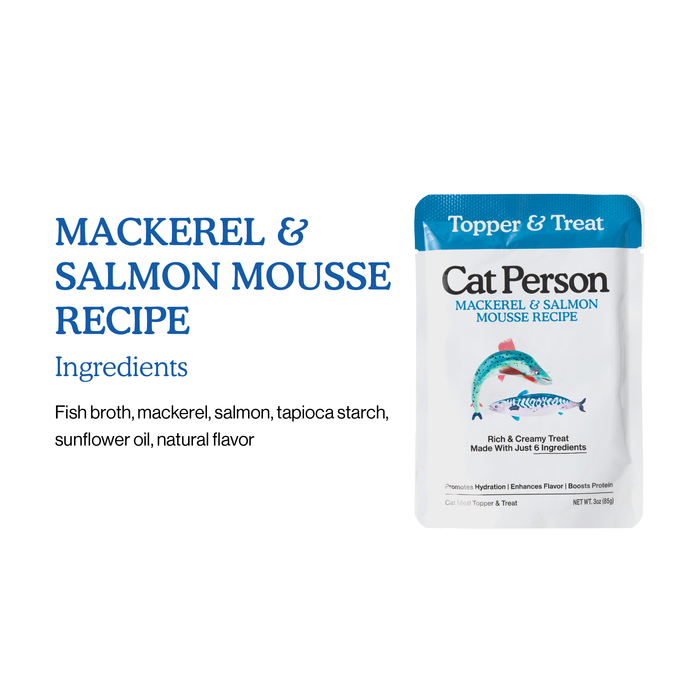 A pouch of Cat Person Mackerel & Salmon Mousse sits beside text listing its ingredients: fish broth, mackerel, salmon, tapioca starch, sunflower oil, and natural flavor—a seafood treat cats will love.