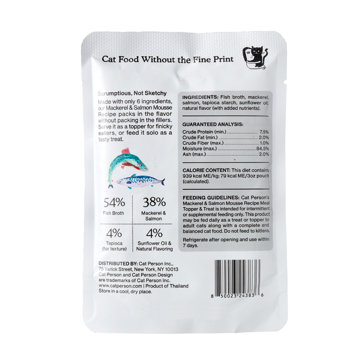 Back of Cat Person Mackerel & Salmon Mousse pouch displays ingredients, nutritional info, feeding guidelines, and branding. Illustrated fish appear above ingredient percentages, emphasizing the simple, quality cat treat.