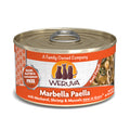 Weruva Marbella Paella cat food features mackerel, shrimp, and mussels in gravy. It's grain, gluten & carrageenan free, and the label shows cats and seafood with "With Mackerel, Shrimp & Mussels now in Gravy.