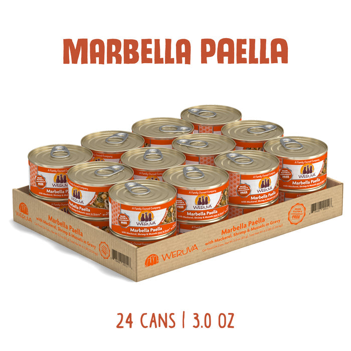 A tray of 24 Weruva Marbella Paella cans (3.0 oz each) with orange labels, featuring mackerel and shrimp. Text above: "Marbella Paella"; below: "24 cans | 3.0 oz".