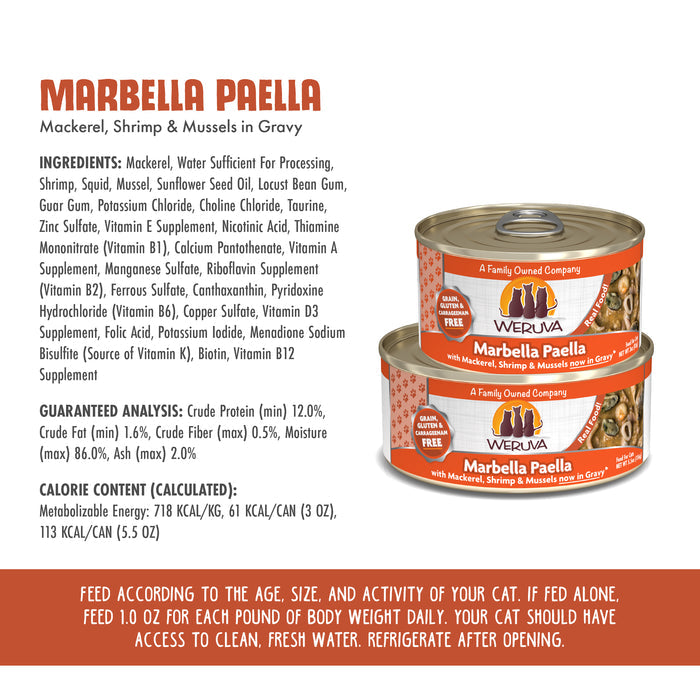 Two cans of Weruva Marbella Paella cat food, made with tasty mackerel and shrimp.