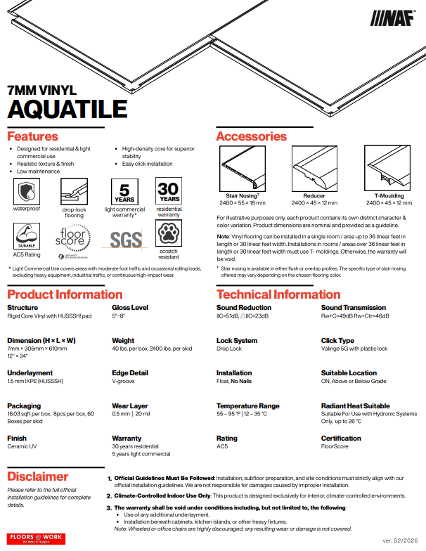 7mm Vinyl Aquatile product information sheet with features, accessories, and technical details.