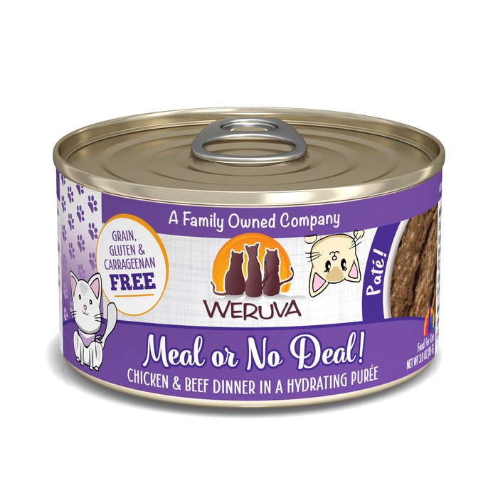 Weruva’s Meal or No Deal! hydrating cat food combines boneless, skinless chicken and grass-fed beef in a purée. Its purple label with cartoon cats shows it's free from grain, gluten, and carrageenan.