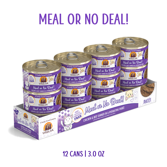 Weruva Meal or No Deal! cat food, pack of 12 cans (3.0 oz each), features boneless skinless chicken and grass-fed beef in a hydrating purée pâté. Comes in purple and white packaging.