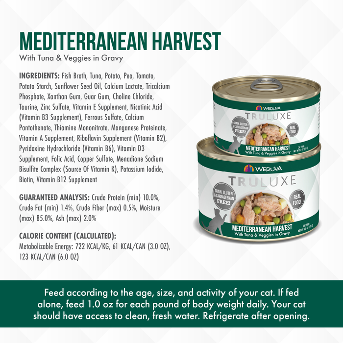 Two cans of TruLuxe Mediterranean Harvest cat food are shown on a white background, highlighting hand-flaked tuna, vegetables, refined nutrition, guaranteed analysis, calorie content, and cat feeding instructions.