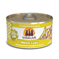 A 5.5 oz (156g) can of Weruva Meow Luau cat food with mackerel and pumpkin in gravy. Grain, gluten, and carrageenan free, the label shows classic recipes with paw prints and cat silhouettes.