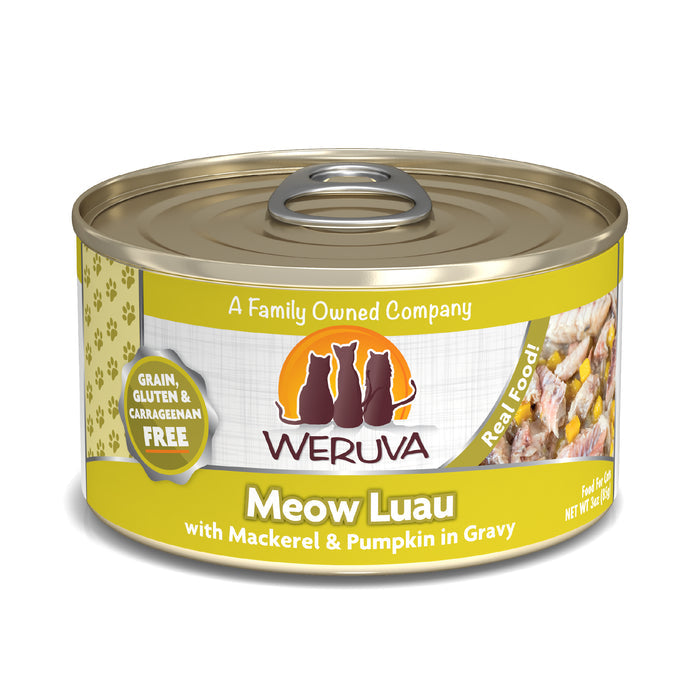 A 5.5 oz (156g) can of Weruva Meow Luau cat food with mackerel and pumpkin in gravy. Grain, gluten, and carrageenan free, the label shows classic recipes with paw prints and cat silhouettes.