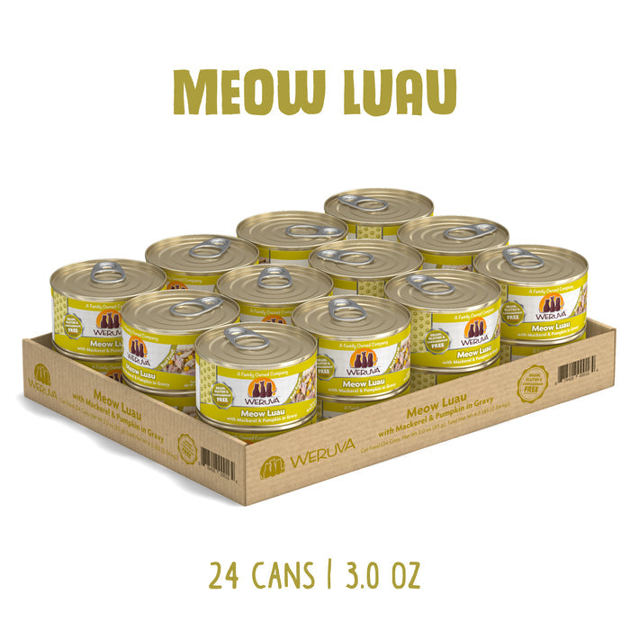 A Weruva Meow Luau cardboard tray holds 24 cans of mackerel and pumpkin cat food in gravy. Each 3.0 oz can features yellow and brown text, showcasing this delicious recipe that cats enjoy.
