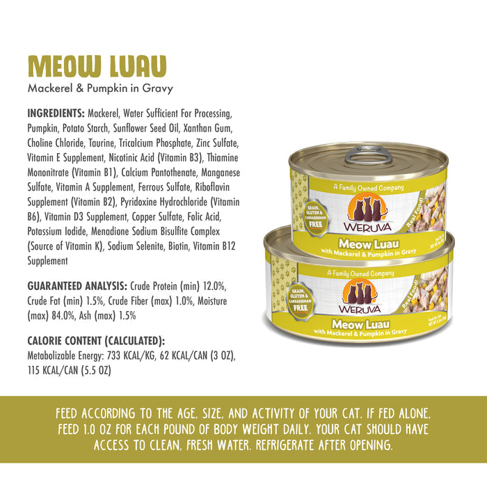 Two cans of Weruva Meow Luau cat food are shown, featuring the Mackerel & Pumpkin in Gravy recipe. The image displays classic recipes plus details on ingredients, nutritional info, calories, and feeding guidelines for cats.
