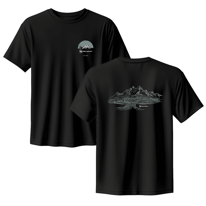 Black t-shirt with mountain graphic on front and logo on back, displayed against a white background.