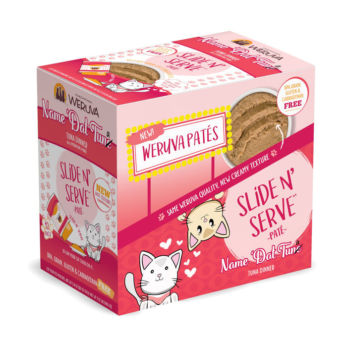 A pink and orange Weruva 'Name 'Dat Tuna' Slide N Serve Paté cat food box with cartoon cats, product images, and text highlighting wild-caught tuna, creamy texture, and a grain-free formula.