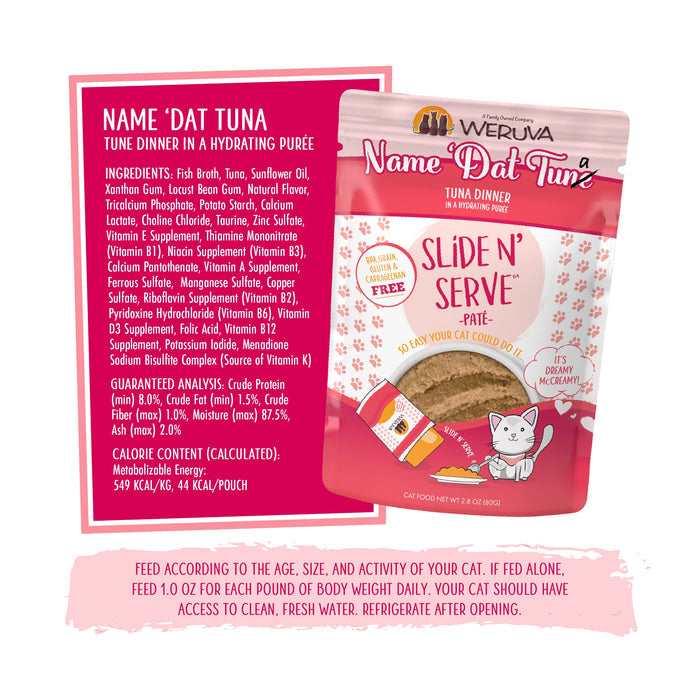 A Weruva Name 'Dat Tuna Slide N' Serve pâté cat food packet is shown with ingredients, nutrition info, feeding guide, and a cartoon cat on the pink and beige package featuring grain-free, wild-caught tuna in easy-serve pouches.