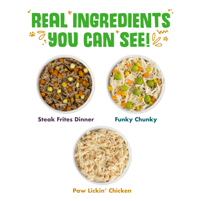 Three bowls of Weruva No Ruff Days savory dog food sit below the text "Real ingredients you can see!" in green and yellow, highlighting a delicious variety pack for your pet.