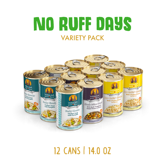 Twelve Weruva No Ruff Days dog food cans in assorted flavors are grouped together. Above, green text says NO RUFF DAYS and VARIETY PACK; below, gold text reads 12 CANS | 14.0 OZ.