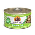 Weruva Outback Grill cat food features sardine and trevally in gravy. Its green and tan label shows cats and notes the recipe is free from grains, gluten, and carrageenan.