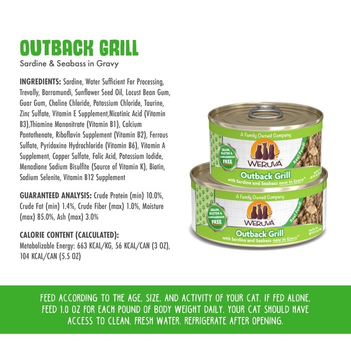 Two cans of Weruva Outback Grill cat food are stacked. The green and yellow label features fish images, plus text with ingredients, guaranteed analysis, calorie info, and feeding guidelines.