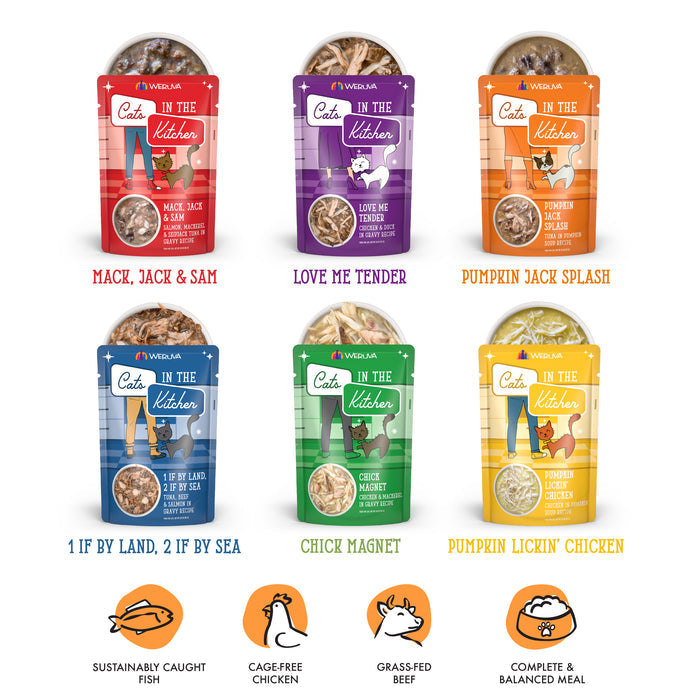 Six colorful Pantry Party! pouches from Cats in the Kitchen are shown, each featuring irresistible flavors and icons for fish, chicken, beef, and complete meals—a kitchen carnivore favorite.