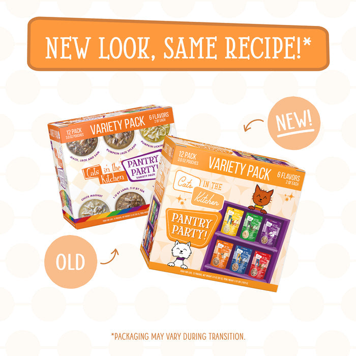 See the new look for Cats in the Kitchen Pantry Party! Now with playful cartoon cats and a modern design. Enjoy the same recipes and flavors you love. NEW LOOK, SAME RECIPE! Packaging may vary during transition.