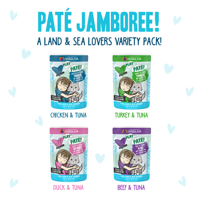 Four colorful pouches of BFF Best Feline Friend Paté Jamboree! cat food are shown, featuring grain-free chicken & tuna, turkey & tuna, duck & tuna, and beef & tuna hydrating purée recipes with playful cat illustrations.