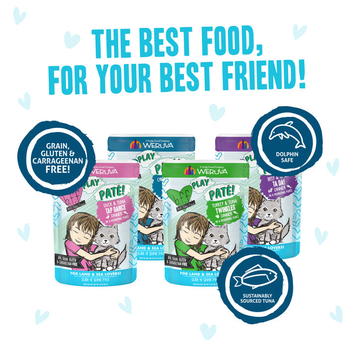 Three colorful cans of BFF Best Feline Friend Paté Jamboree! cat food with cartoon cat labels. Text reads “The Best Food, For Your Best Friend!” and icons show hydrating purée, grain free, dolphin-safe, and sustainable tuna.