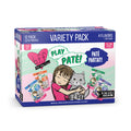 A box of BFF Best Feline Friend Paté Partay! grain-free cat food variety pack with 12 pouches in 4 flavors. The box features an illustrated girl hugging a gray cat beside colorful tuna flavor pouch images.