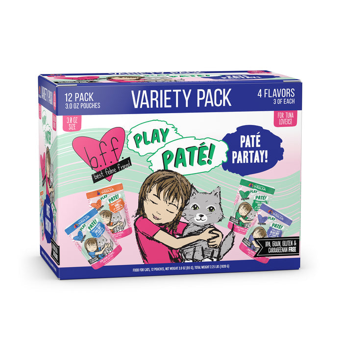 A box of BFF Best Feline Friend Paté Partay! grain-free cat food variety pack with 12 pouches in 4 flavors. The box features an illustrated girl hugging a gray cat beside colorful tuna flavor pouch images.
