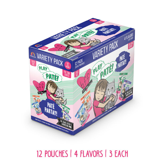 A box of BFF Best Feline Friend Paté Partay! grain free tuna cat food features colorful art of a girl and cat, contains 12 pouches (4 flavors, 3 each), and is labeled as a variety pack for cats.
