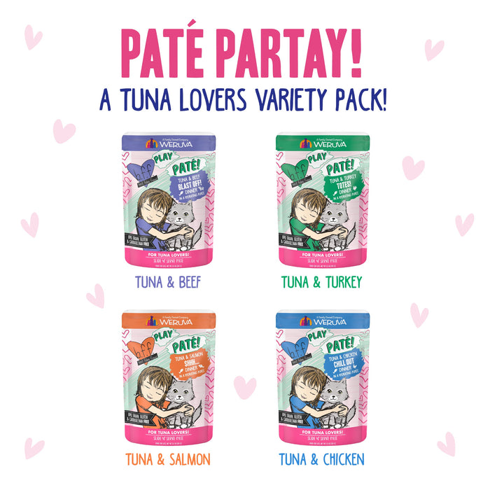 Four colorful pouches of BFF Best Feline Friend Paté Partay! feature tuna paté recipes—Tuna & Beef, Tuna & Turkey, Tuna & Salmon, and Tuna & Chicken—with heart accents under “Paté Partay! A Grain Free Tuna Lovers Variety Pack!”.
