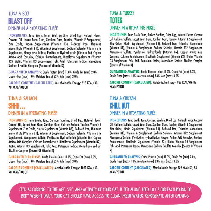 Four colorful lists showcase BFF Best Feline Friend Paté Partay! grain free tuna cat food flavors—Tuna & Beef, Tuna & Salmon, Tuna & Turkey, and Tuna & Chicken—plus ingredients and nutrition. A pink footer gives feeding instructions.