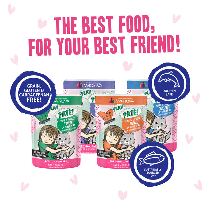 Three vibrant BFF Best Feline Friend Paté Partay! tuna cat food cans feature playful cat art. Labels note “grain free,” “Dolphin Safe,” and “Sustainably Sourced Tuna.” Pink hearts add a decorative touch to the scene.