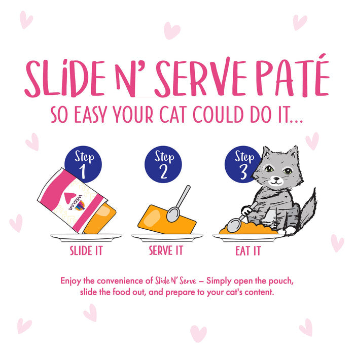 Illustration showing three steps for serving grain free cat food: Slide BFF Best Feline Friend Paté Partay! from a pouch onto a plate, serve it, and let your happy cat enjoy. Text reads Slide N Serve Paté—so easy your cat could do it.