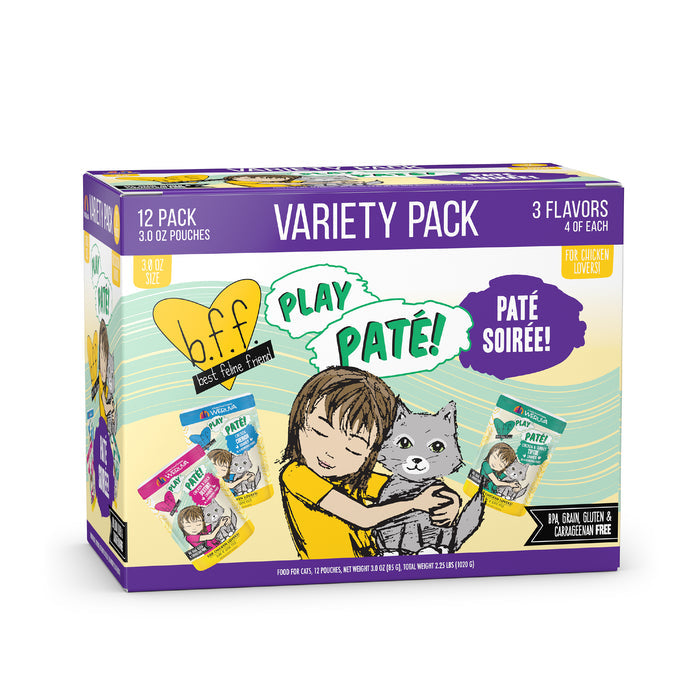 A colorful box of BFF Best Feline Friend Paté Soirée! grain free chicken paté cat food, featuring 12 hydrating purée pouches in 3 flavors. The packaging shows an illustrated child hugging a gray cat, with flavors and key features listed.